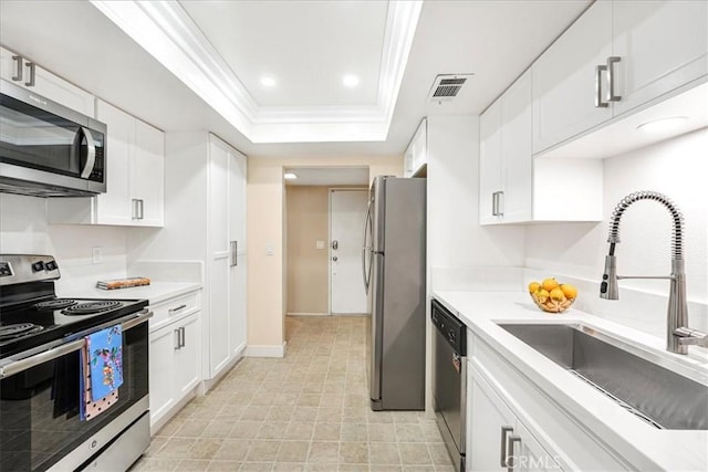 kitchen with sink, white cabinetry, crown molding, a raised ceiling, and stainless steel appliances