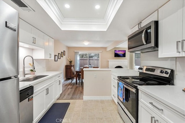 kitchen with white cabinetry, appliances with stainless steel finishes, sink, and a tray ceiling