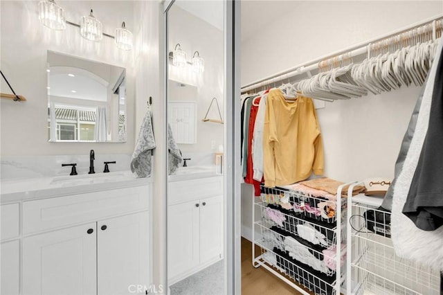 bathroom with vanity and hardwood / wood-style floors