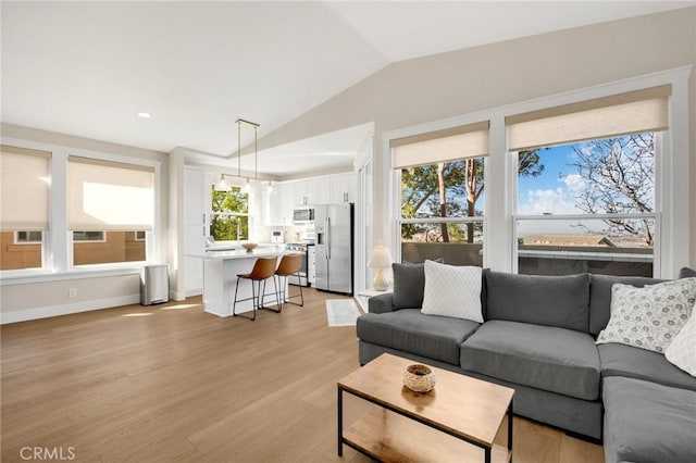 living room with vaulted ceiling, a healthy amount of sunlight, and light hardwood / wood-style floors