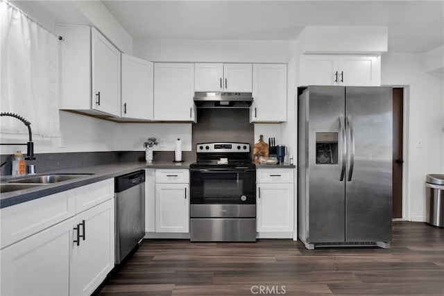 kitchen featuring white cabinetry, sink, dark wood-type flooring, and stainless steel appliances