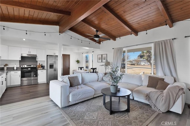 living room with hardwood / wood-style flooring, ceiling fan, vaulted ceiling with beams, and wood ceiling