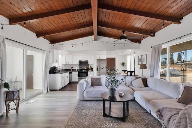 living room with lofted ceiling with beams, sink, wood ceiling, and light hardwood / wood-style floors