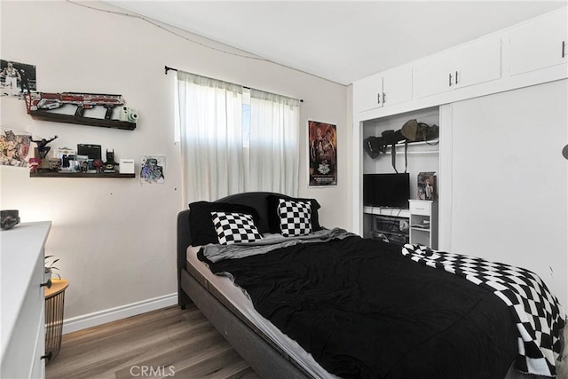 bedroom with hardwood / wood-style floors and a closet