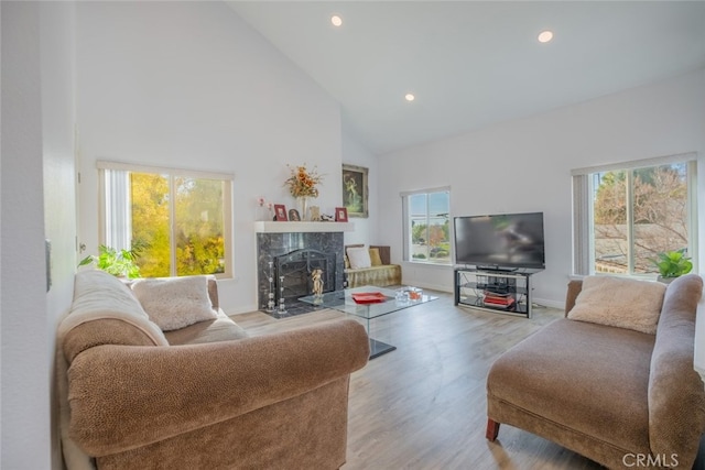 living room featuring high vaulted ceiling, a fireplace, and light hardwood / wood-style floors