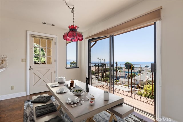 dining area featuring a water view and dark hardwood / wood-style flooring