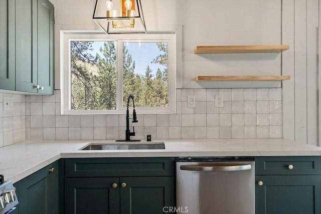 kitchen with dishwasher, sink, backsplash, green cabinets, and light stone counters