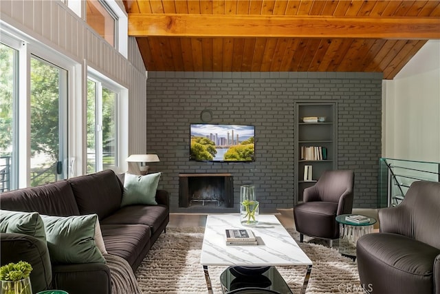 living room with wood ceiling, a fireplace, lofted ceiling with beams, and brick wall