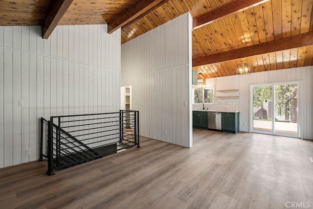 living room with wooden walls, wood-type flooring, beam ceiling, and wooden ceiling