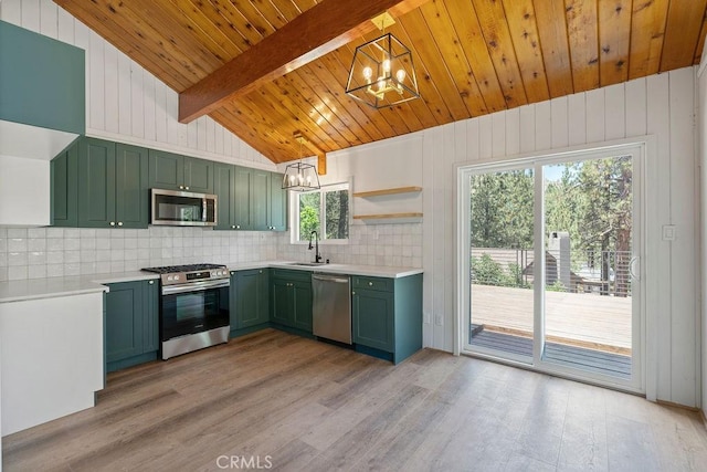 kitchen with stainless steel appliances, vaulted ceiling with beams, light hardwood / wood-style floors, and decorative light fixtures