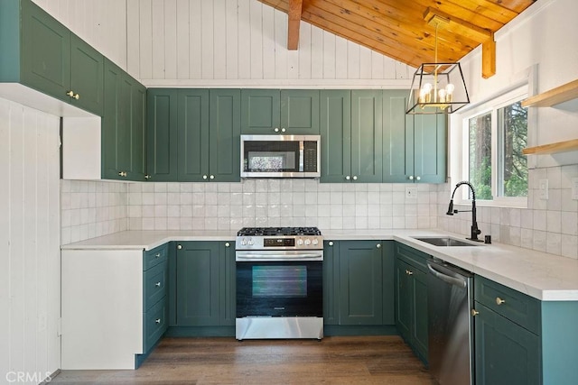 kitchen featuring appliances with stainless steel finishes, sink, wood ceiling, and green cabinetry