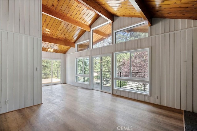 unfurnished sunroom featuring wooden ceiling and vaulted ceiling with beams