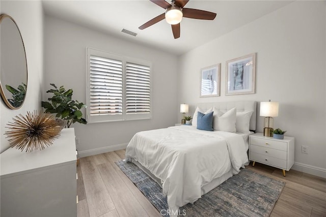 bedroom featuring ceiling fan and light wood-type flooring