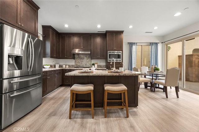 kitchen featuring appliances with stainless steel finishes, a kitchen island with sink, backsplash, and light wood-type flooring