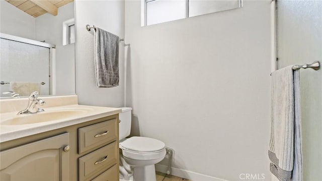 bathroom with toilet, lofted ceiling with beams, wooden ceiling, vanity, and a shower with door