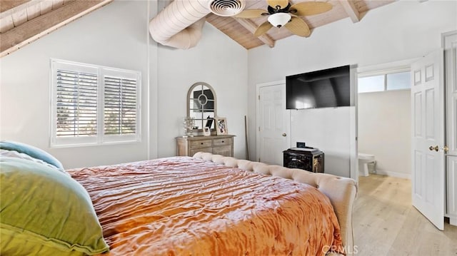 bedroom featuring wood ceiling, ceiling fan, lofted ceiling with beams, and multiple windows