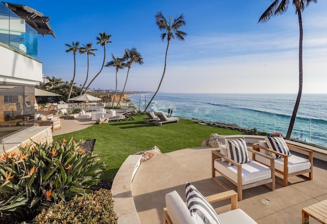 view of patio featuring an outdoor living space and a water view