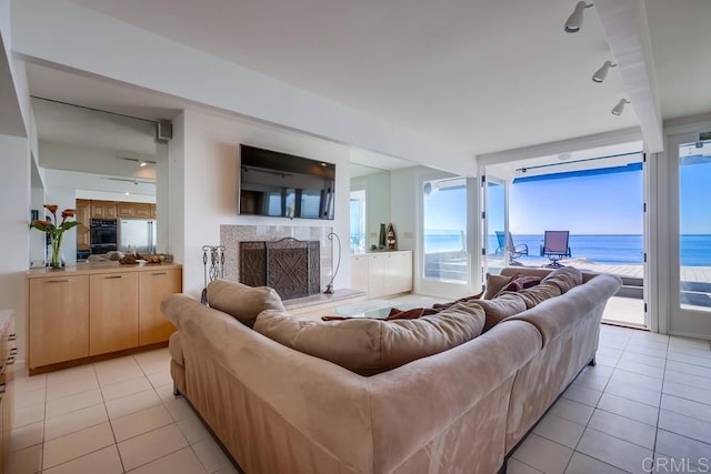 living room featuring light tile patterned flooring