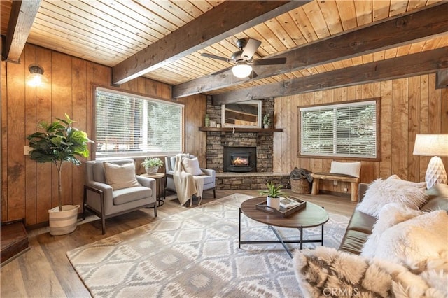 living room featuring plenty of natural light and wooden walls