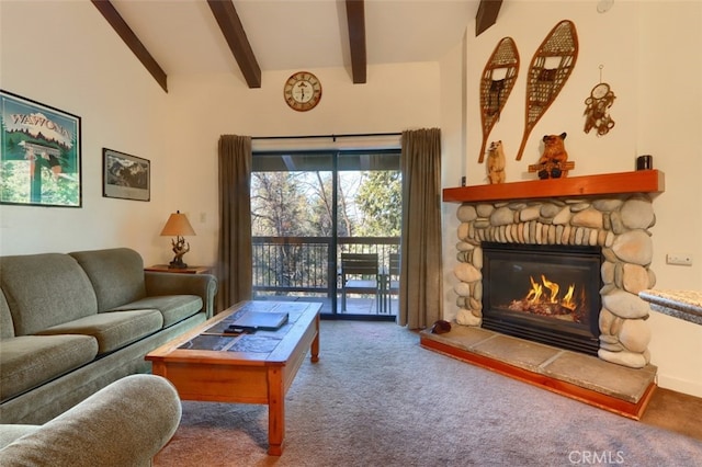 living room with a fireplace, beamed ceiling, and carpet flooring