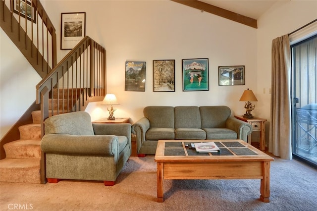 living room featuring high vaulted ceiling, carpet flooring, and beam ceiling