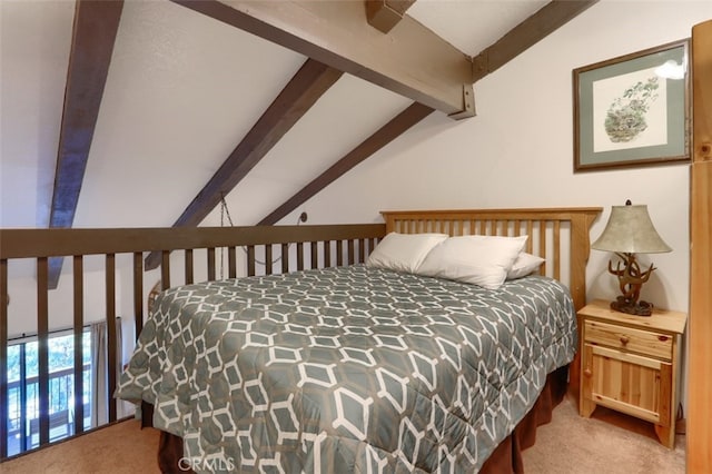 carpeted bedroom with ceiling fan and vaulted ceiling with beams