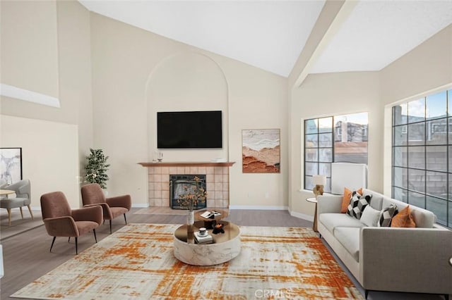 living room with lofted ceiling, hardwood / wood-style floors, and a fireplace