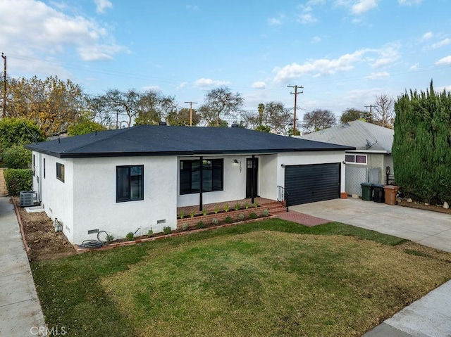 single story home with a garage, cooling unit, and a front lawn