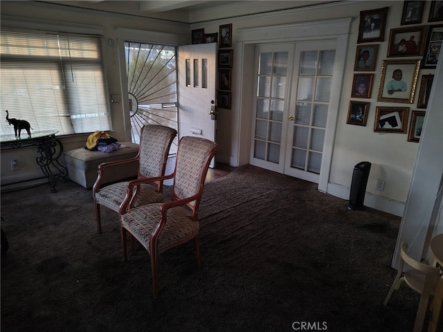 living area with carpet floors and french doors