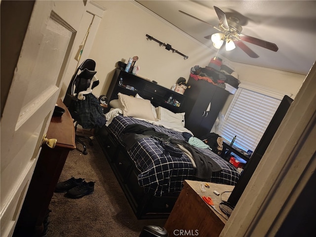 bedroom with dark carpet and ceiling fan