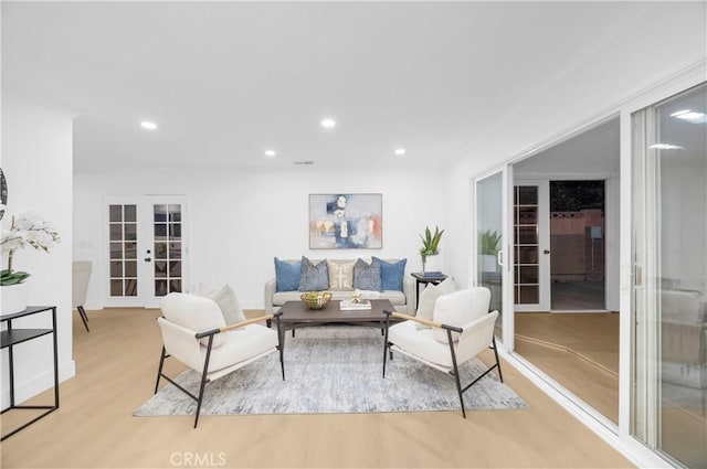 living room featuring light hardwood / wood-style flooring and french doors