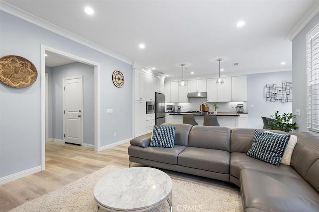 living room featuring crown molding and light hardwood / wood-style floors