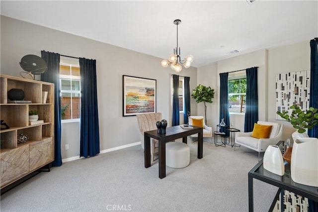 home office featuring a notable chandelier and carpet floors