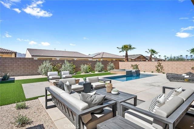 view of pool featuring an outdoor hangout area, a patio area, and an in ground hot tub