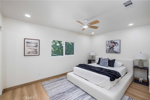 bedroom with ceiling fan and wood-type flooring