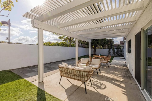 view of patio with an outdoor living space and a pergola