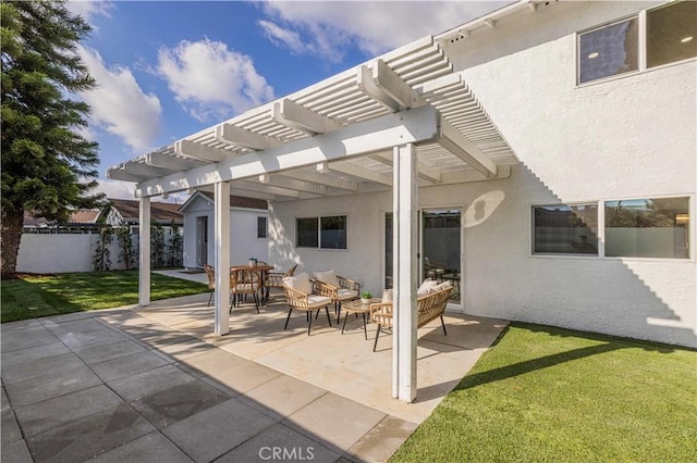 view of patio / terrace with an outdoor living space and a pergola