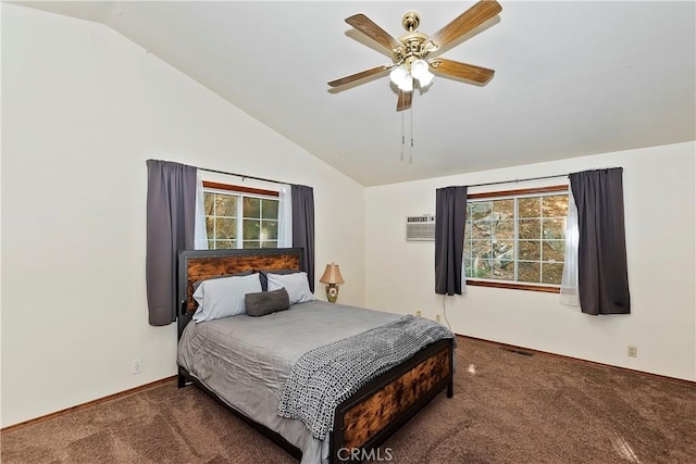 carpeted bedroom featuring ceiling fan, lofted ceiling, and a wall unit AC