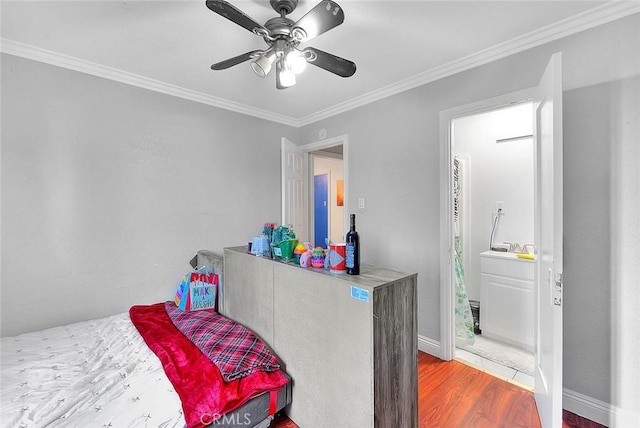 bedroom with crown molding, ceiling fan, and wood-type flooring