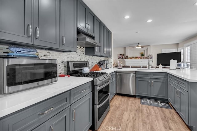 kitchen featuring gray cabinets, tasteful backsplash, sink, stainless steel appliances, and light wood-type flooring