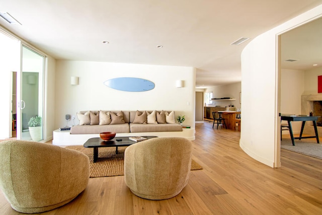 living room with expansive windows and light hardwood / wood-style flooring