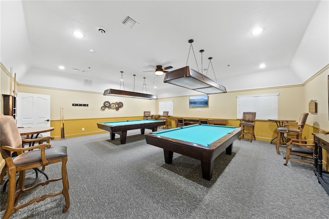 rec room with vaulted ceiling, billiards, and carpet flooring