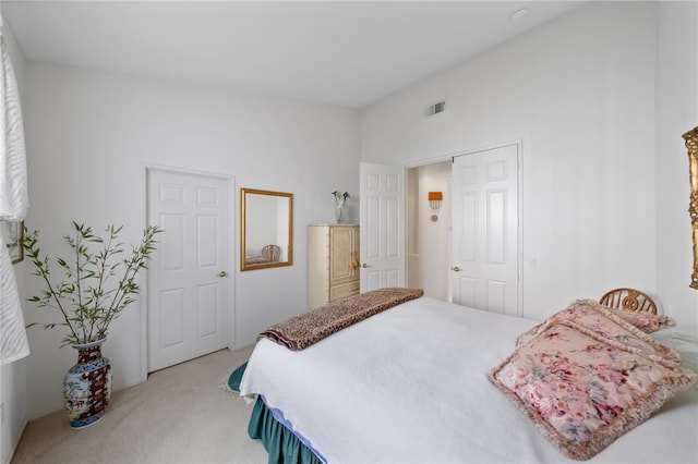 bedroom with a closet and light carpet