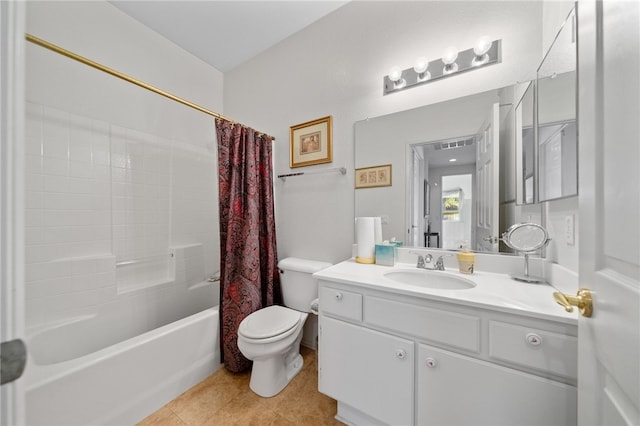 full bathroom with shower / bathtub combination with curtain, vanity, toilet, and tile patterned flooring