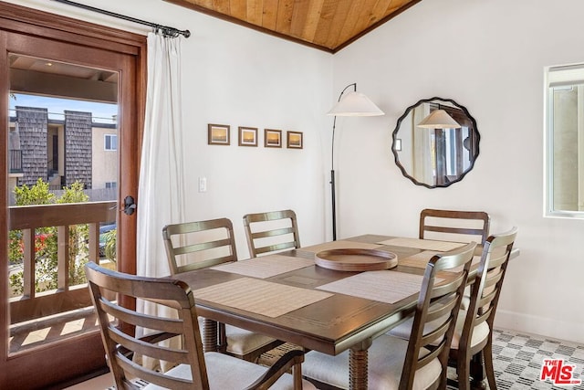 dining area with wooden ceiling