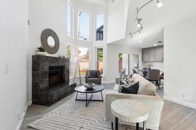 living room with a premium fireplace, a towering ceiling, and light wood-type flooring