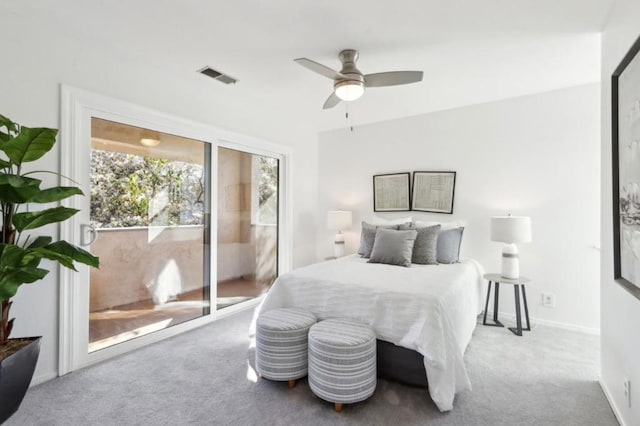 carpeted bedroom with access to exterior and ceiling fan