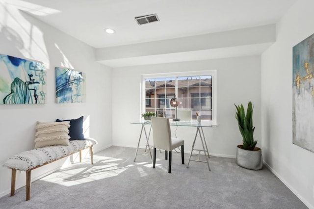 home office featuring light carpet