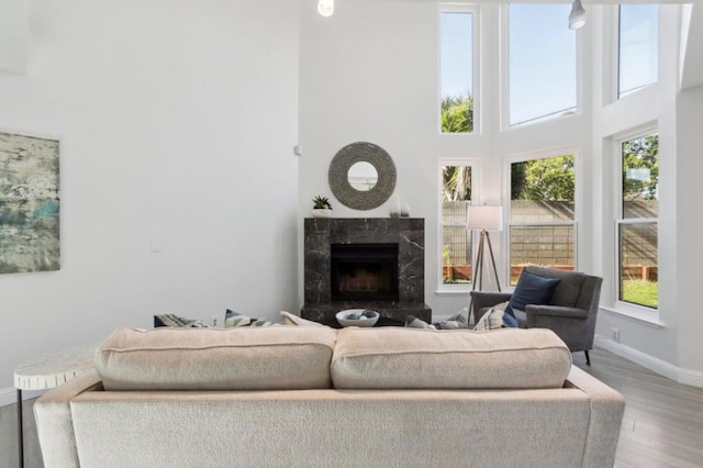 living room featuring hardwood / wood-style flooring, a towering ceiling, plenty of natural light, and a high end fireplace