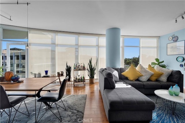 interior space featuring rail lighting, wood-type flooring, and expansive windows